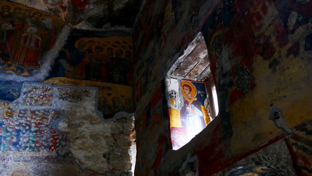 The inner and outer walls of the Rock Church and the walls of the adjacent chapel are decorated with frescoes. Frescoes dating from the era of Alexios III of Trebizond line the inner wall of the Rock Church facing the courtyard. The frescoes of the chapel which were painted on three levels in three different periods are dated to the beginning of the 18th century. The frescoes of the bottom band are of superior quality.