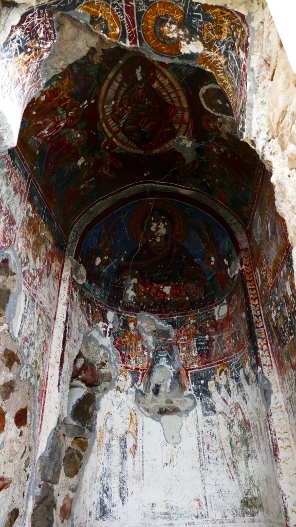 The inner and outer walls of the Rock Church and the walls of the adjacent chapel are decorated with frescoes. Frescoes dating from the era of Alexios III of Trebizond line the inner wall of the Rock Church facing the courtyard. The frescoes of the chapel which were painted on three levels in three different periods are dated to the beginning of the 18th century. The frescoes of the bottom band are of superior quality.