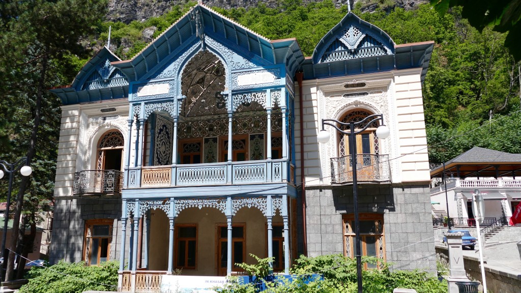  Blue Palace “Firuza” “Firuza” is one of the most important historical buildings in Borjomi. Situated at the entrance of the “Mineral Water Park,” it was built in 1892 by the consul of Iran and is considered a unique cultural monument. The building combines characteristics of Persian, Georgian and European styles.