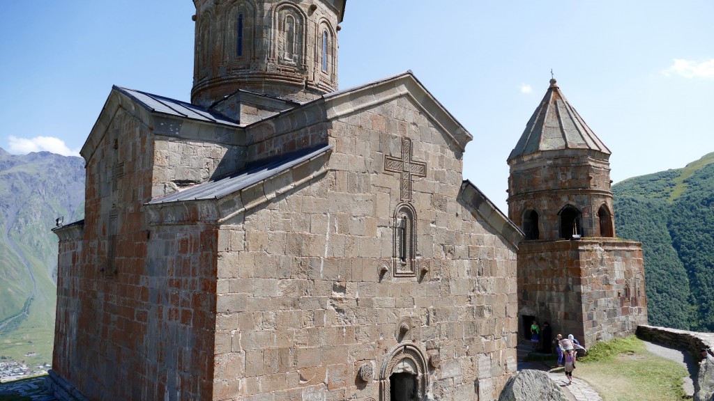 Gergeti Trinity Church (Georgian: წმინდა სამება - Tsminda Sameba) is a popular name for Holy Trinity Church near the village of Gergeti in Georgia. The church is situated on the right bank of the river Chkheri (the left tributary of the river Terek), at an elevation of 2170 meters, under Mount Kazbegi.