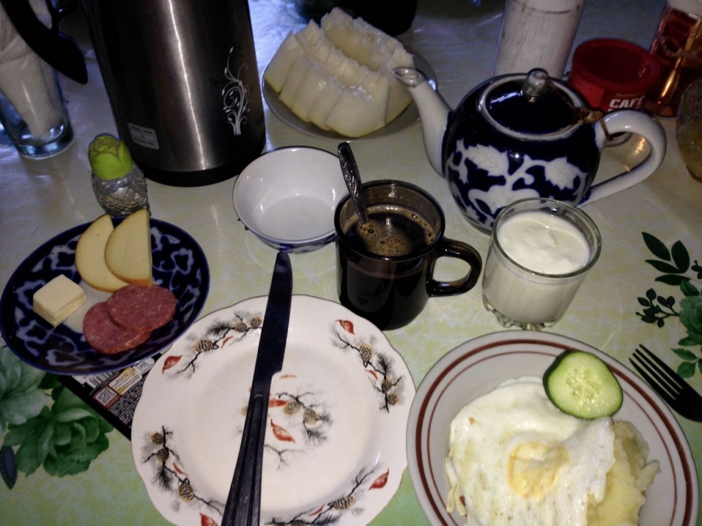 the Uzbek breakfast at Bohudir Hostel in Samarcand.