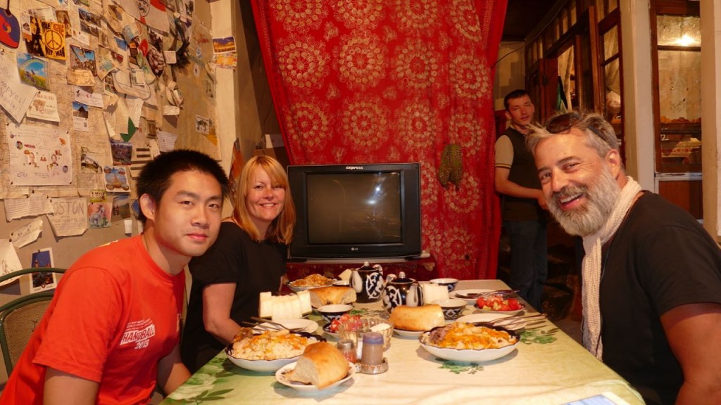 Takin & Helen, having Dinner at Bohudir Hostel Samarkand,